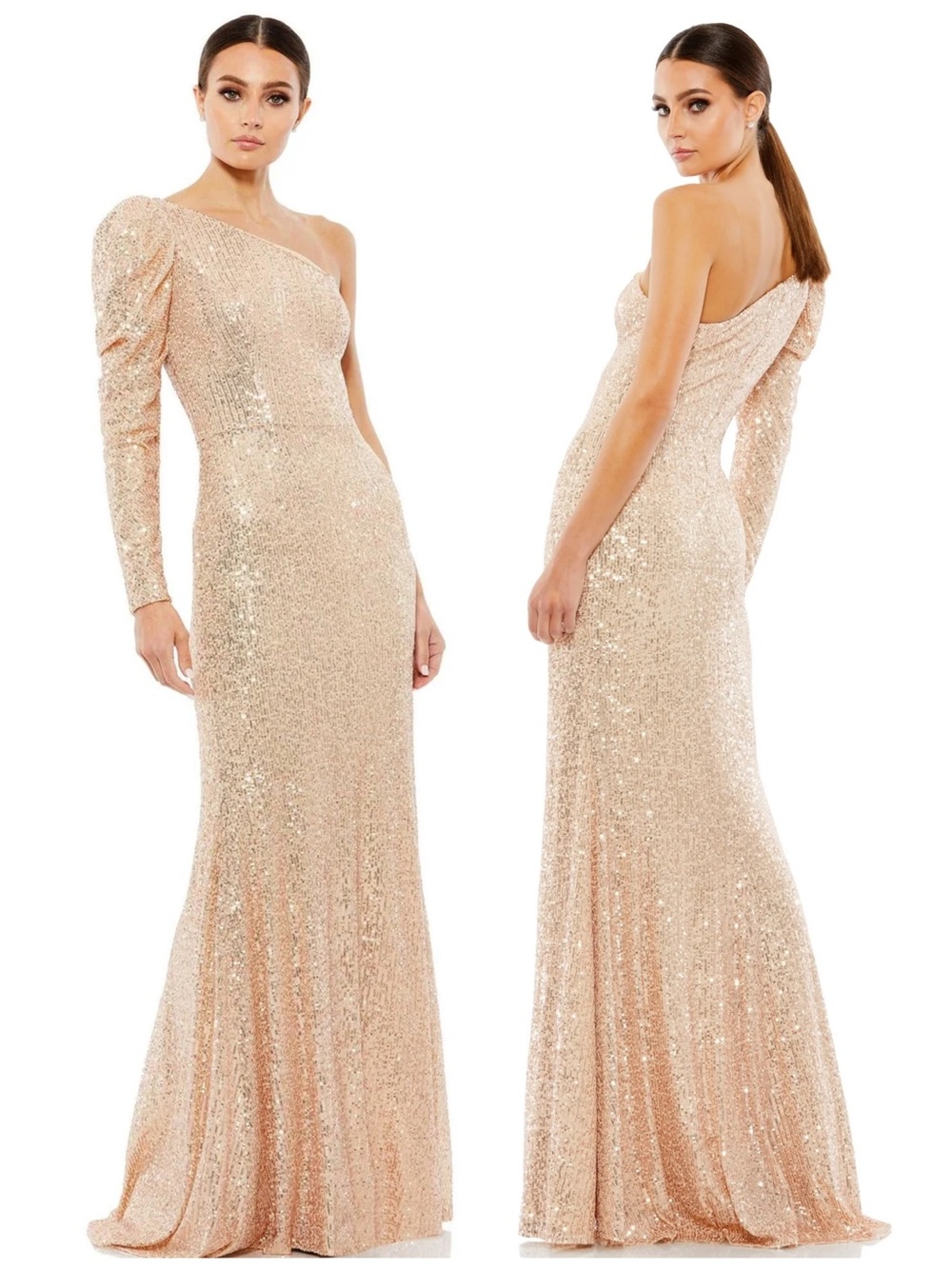 Mac Duggal One-Shoulder Sequin Evening Gold Gown Maxi Dress 26591 NWT $378